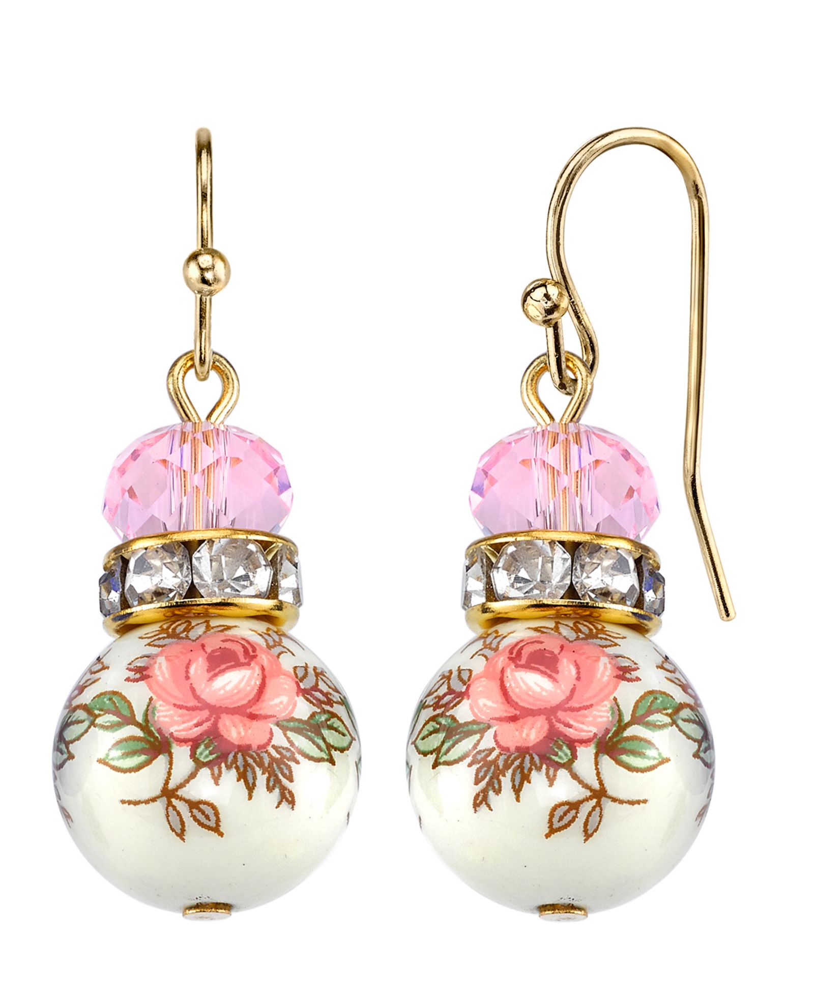 Серьги-подвески 2028 Gold Tone Lt. Rose Pink and Floral Beaded