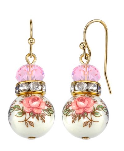 2028 Gold Tone Lt. Rose Pink and Floral Beaded Drop Earrings