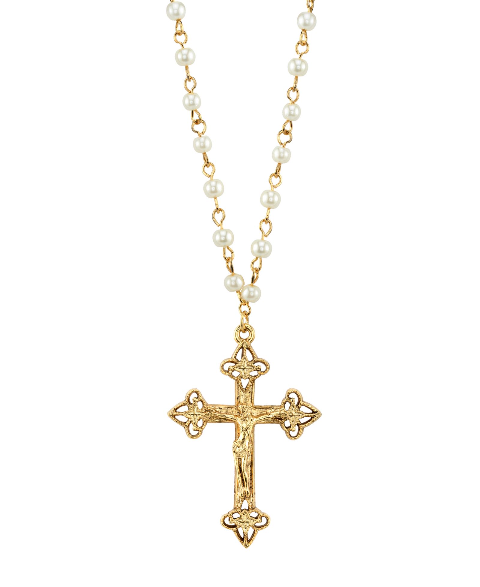 Подвеска-крест 2028 14K Gold Tone Simulated Pearl Chain Crucifix Cross 16" регулируемая