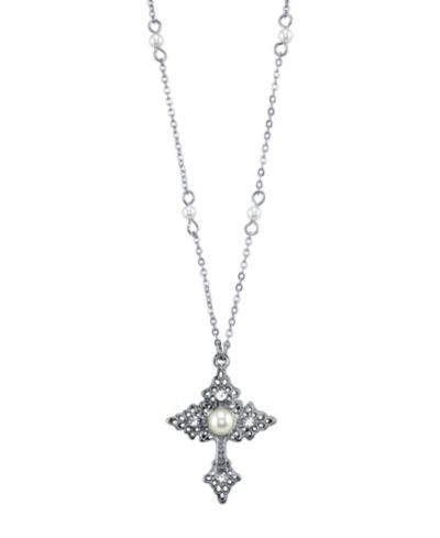 2028 Silver Tone Filigree Cross with Simulated Pearl Crystal Accent Necklace 16" Adjustable