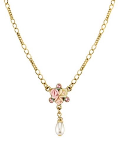 2028 Gold-Tone Crystal Ivory and Pink Porcelain Rose Simulated Pearl Necklace 16" Adjustable