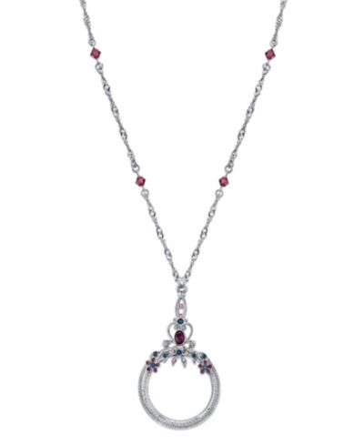 2028 Silver Tone Blue Purple Crystal Magnifying Glass Necklace 30"