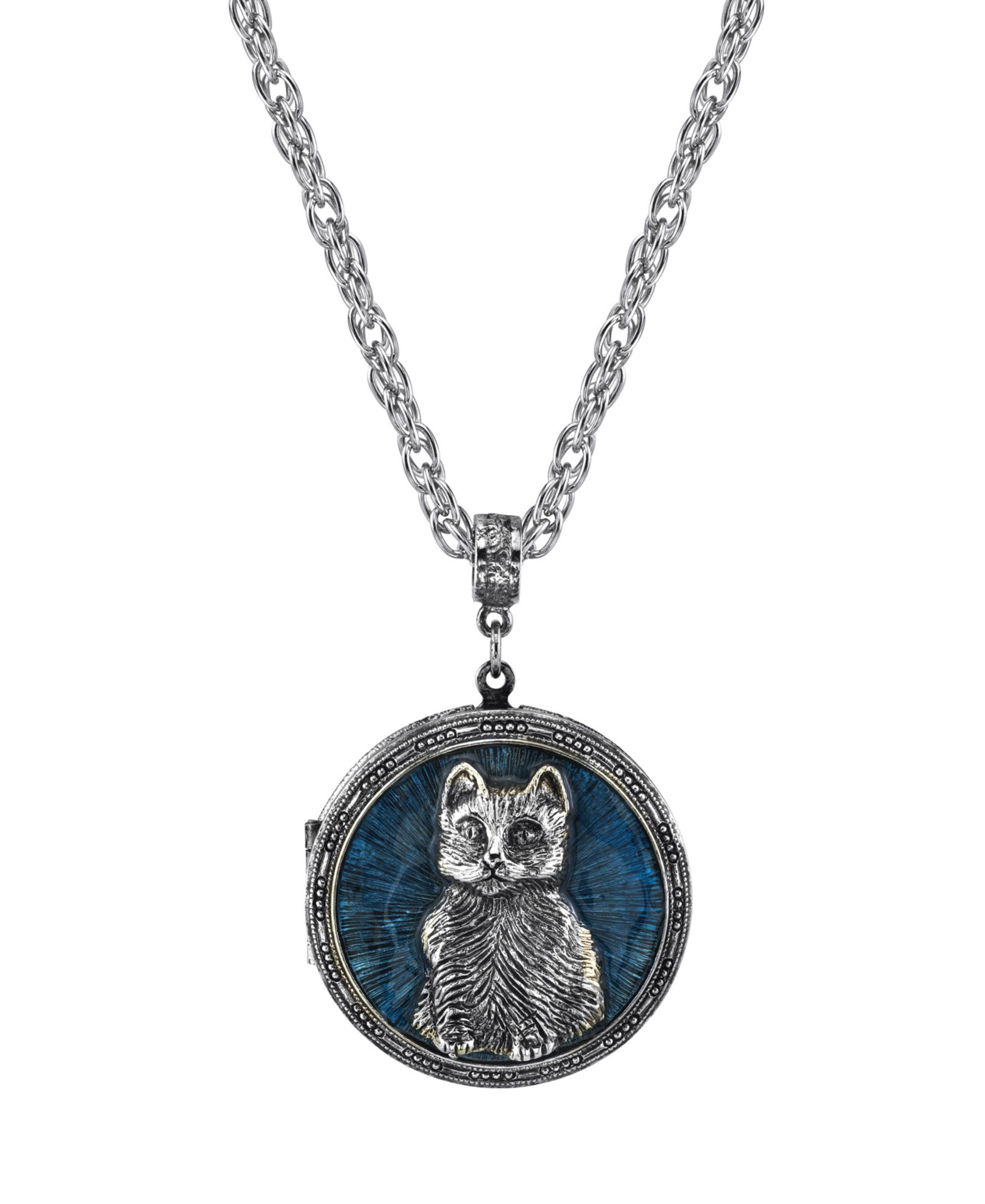 Кулон 2028 Pewter Cat Locket with Blue Enamel Necklace 30"