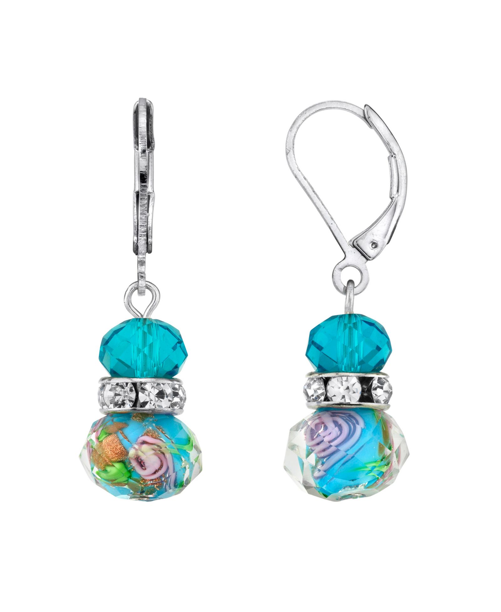 2028 Silver Tone Aqua Blue Pink Floral Beaded Drop Wire Earring