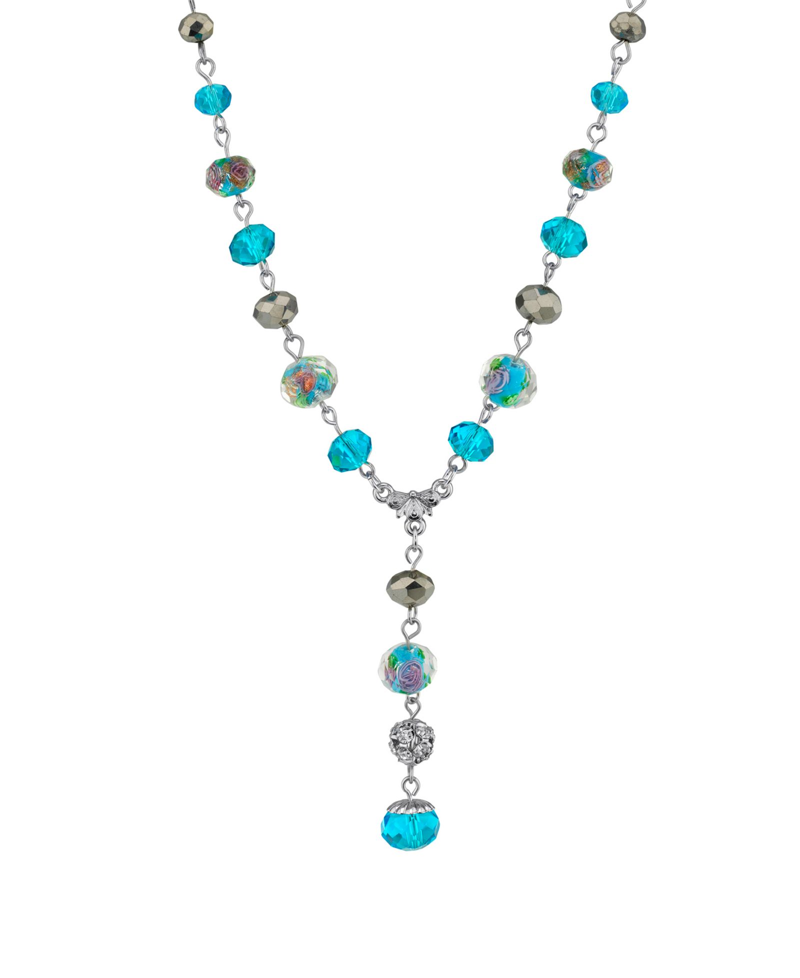Ожерелье 2028 Silver Tone Aqua Pink Flower Beaded Drop Y 16" Adjustable