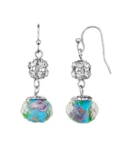 Серьги 2028 Silver Tone Aqua and Pink Flower Bead с кристаллами