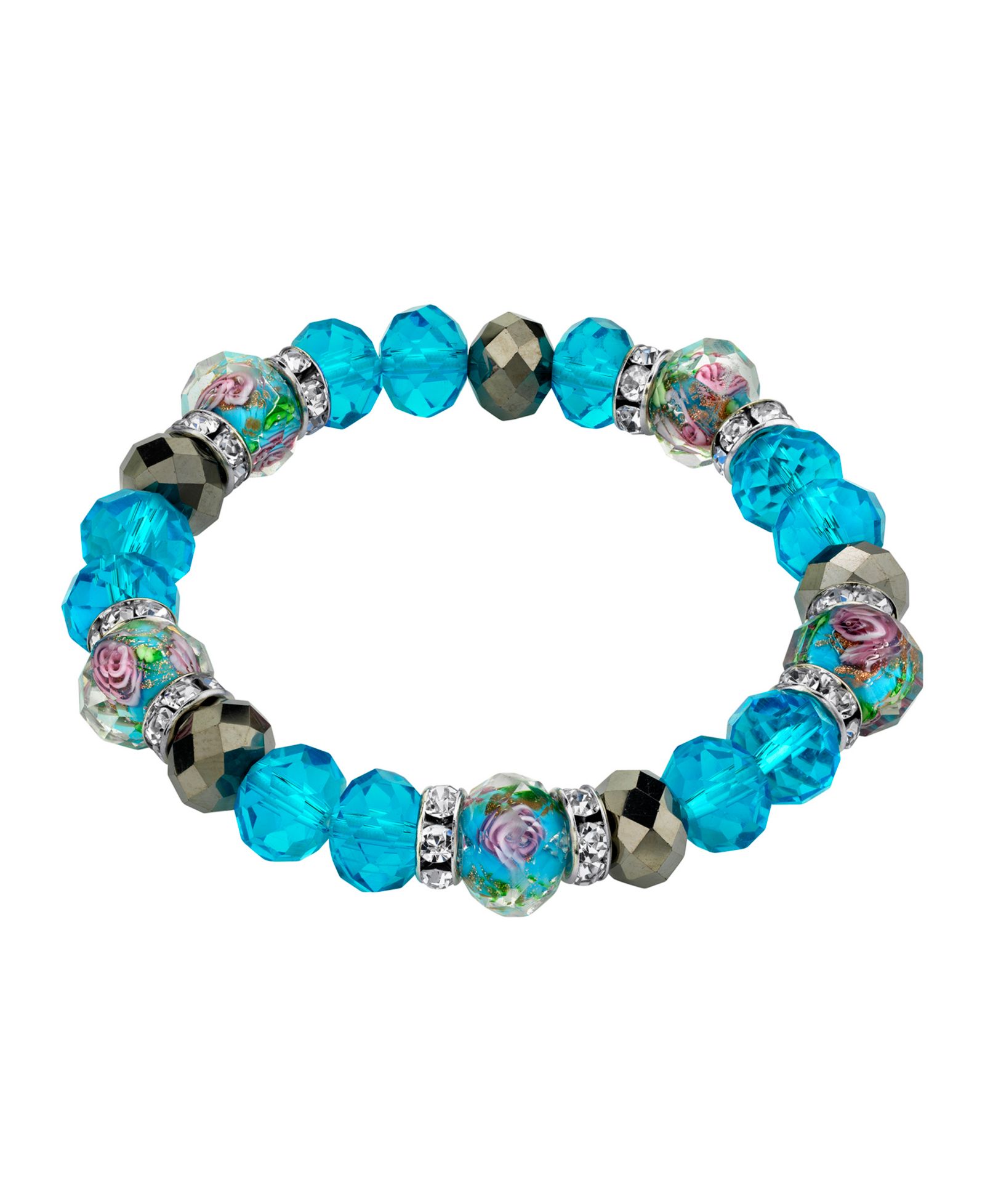2028 Silver Tone Aqua Pink Flower Crystal Stretch Beaded Bracelet