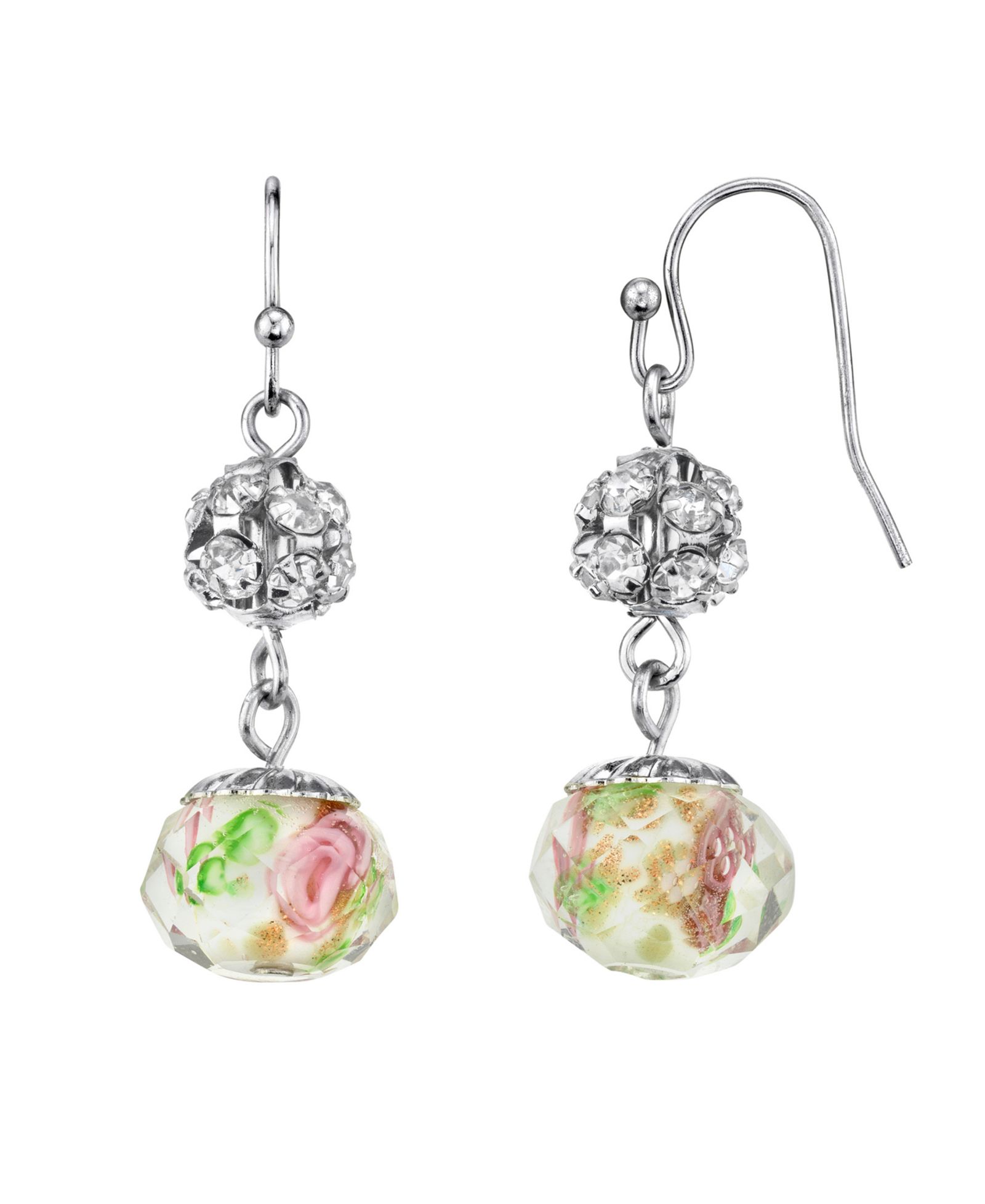 2028 Серьги-подвески с кристаллами и цветами Silver Tone Crystal Pink Flower