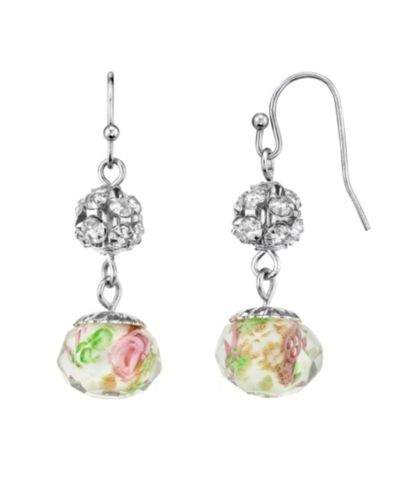 2028 Серьги-подвески с кристаллами и цветами Silver Tone Crystal Pink Flower