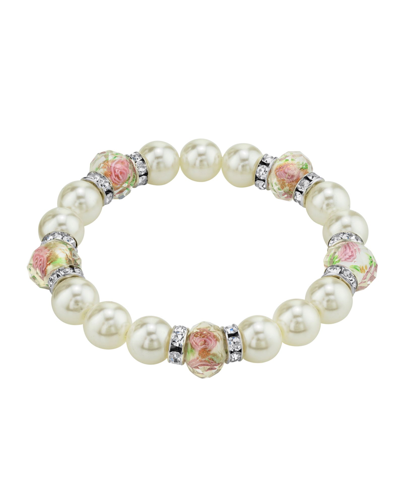 Браслет 2028 Silver Tone Faux Pearl Pink Flower Beaded Stretch
