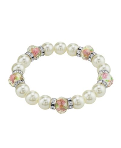 Браслет 2028 Silver Tone Faux Pearl Pink Flower Beaded Stretch