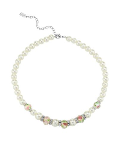 2028 Silver Tone Faux Pearl Pink Flower Beaded Necklace 15" Adjustable
