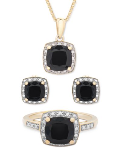 Набор из 3-х изделий Onyx & Diamond Accent Pendant Necklace, Ring and Stud Earrings в 14k Gold-Plated Sterling Silver