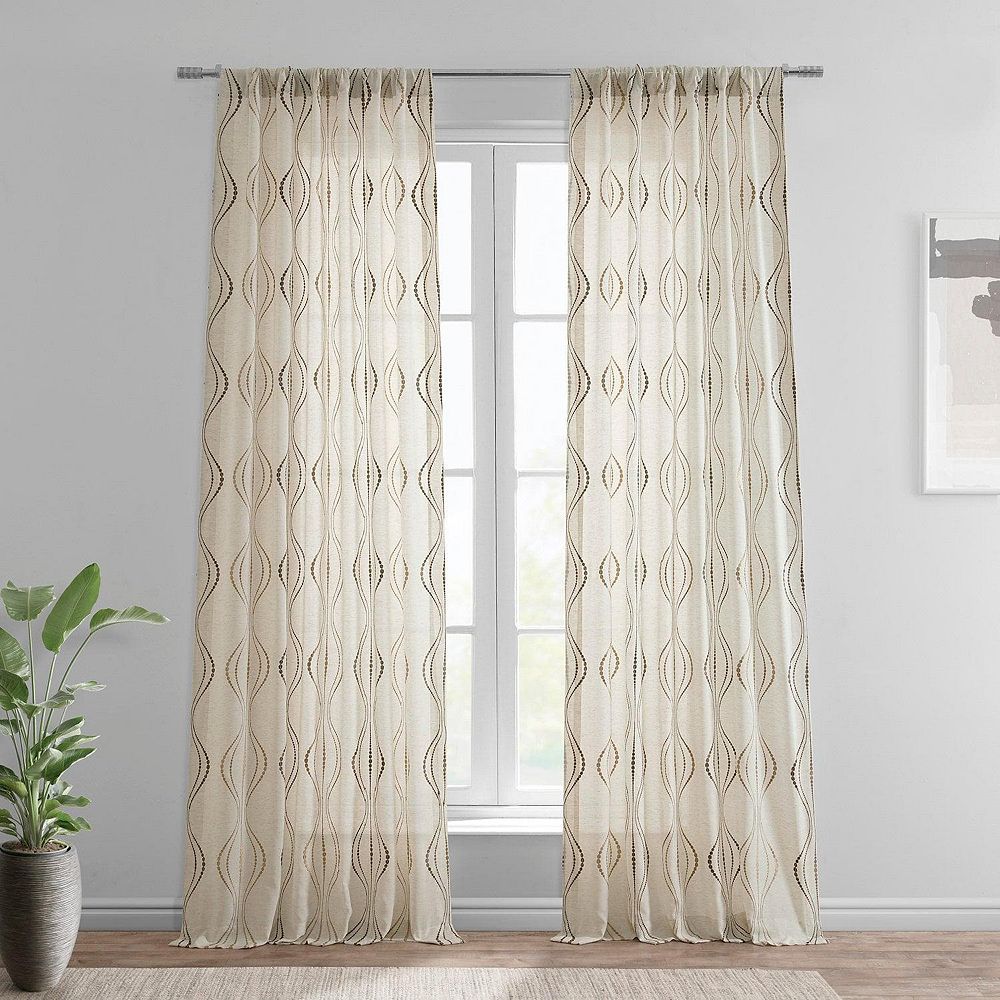 Half Price Drapes Embroidered Striped Patterned Faux Linen Sheer Curtain