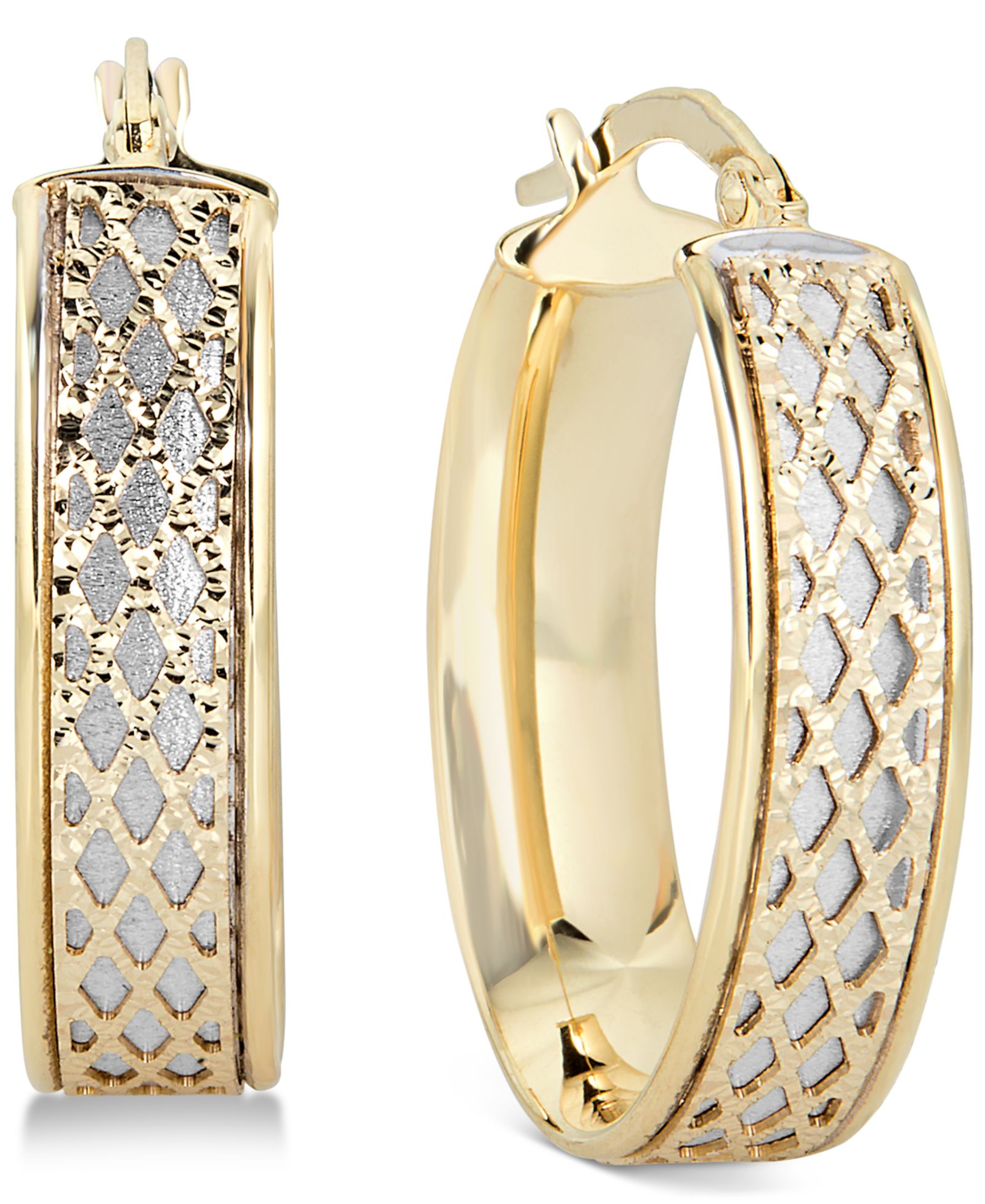Серьги-кольца Italian Gold Lattice-Design Oval в 14k White Gold и 14k Gold