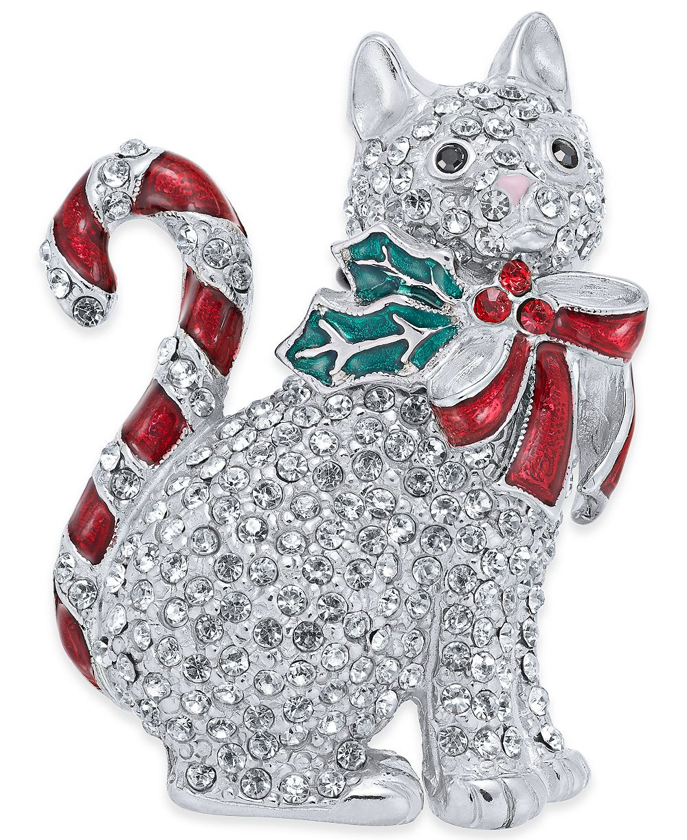 Holiday Lane Silver-Tone Pavé Candy Cat Pin, Created for Macy's