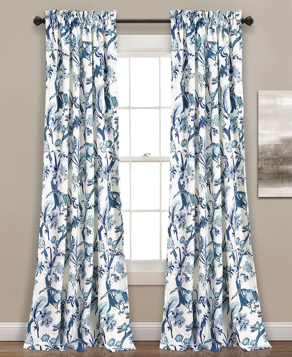 Dolores Light Filtering Floral Bird Print Toile Window Panels, Pair, 52" W x 95" L