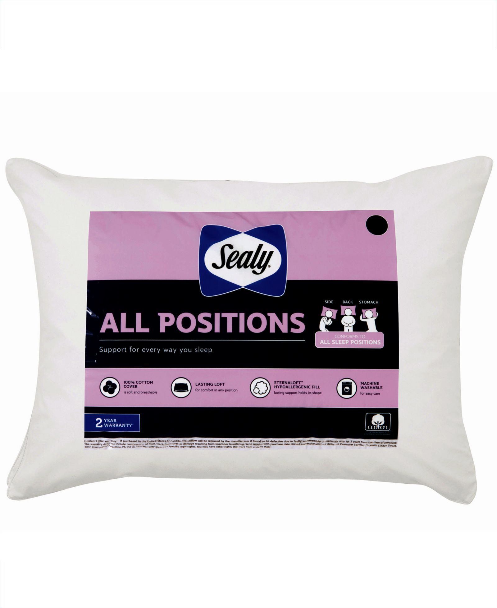 Sealy 100% Cotton Cover All Positions Adjustable Support Pillow, Standard/Queen
