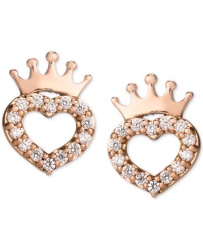 Disney© Children's Cubic Zirconia Heart & Crown Stud Earrings in 14k Rose Gold
