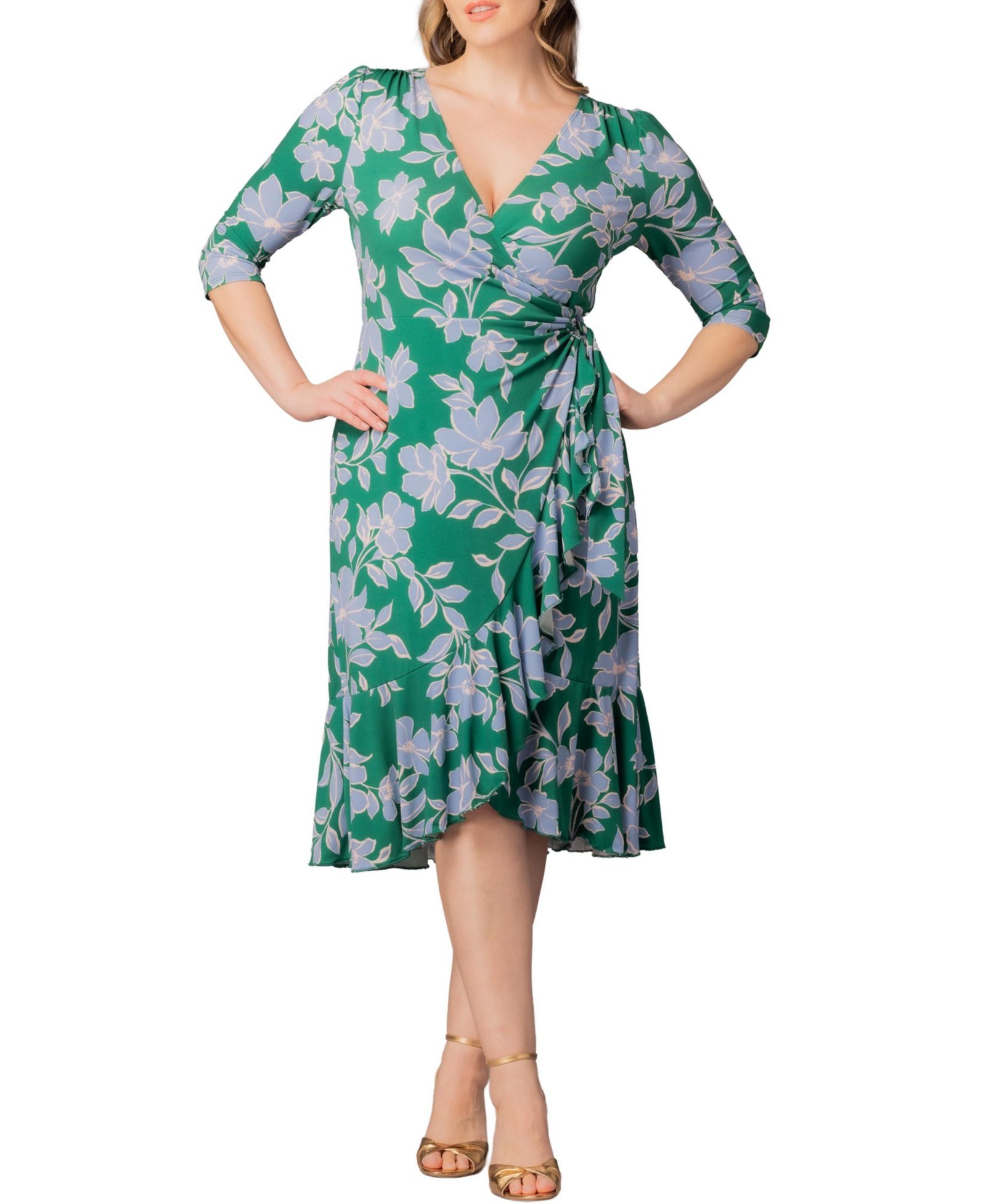 Kiyonna Plus Size Flirty Flounce Midi Wrap Dress with 3/4 Sleeves