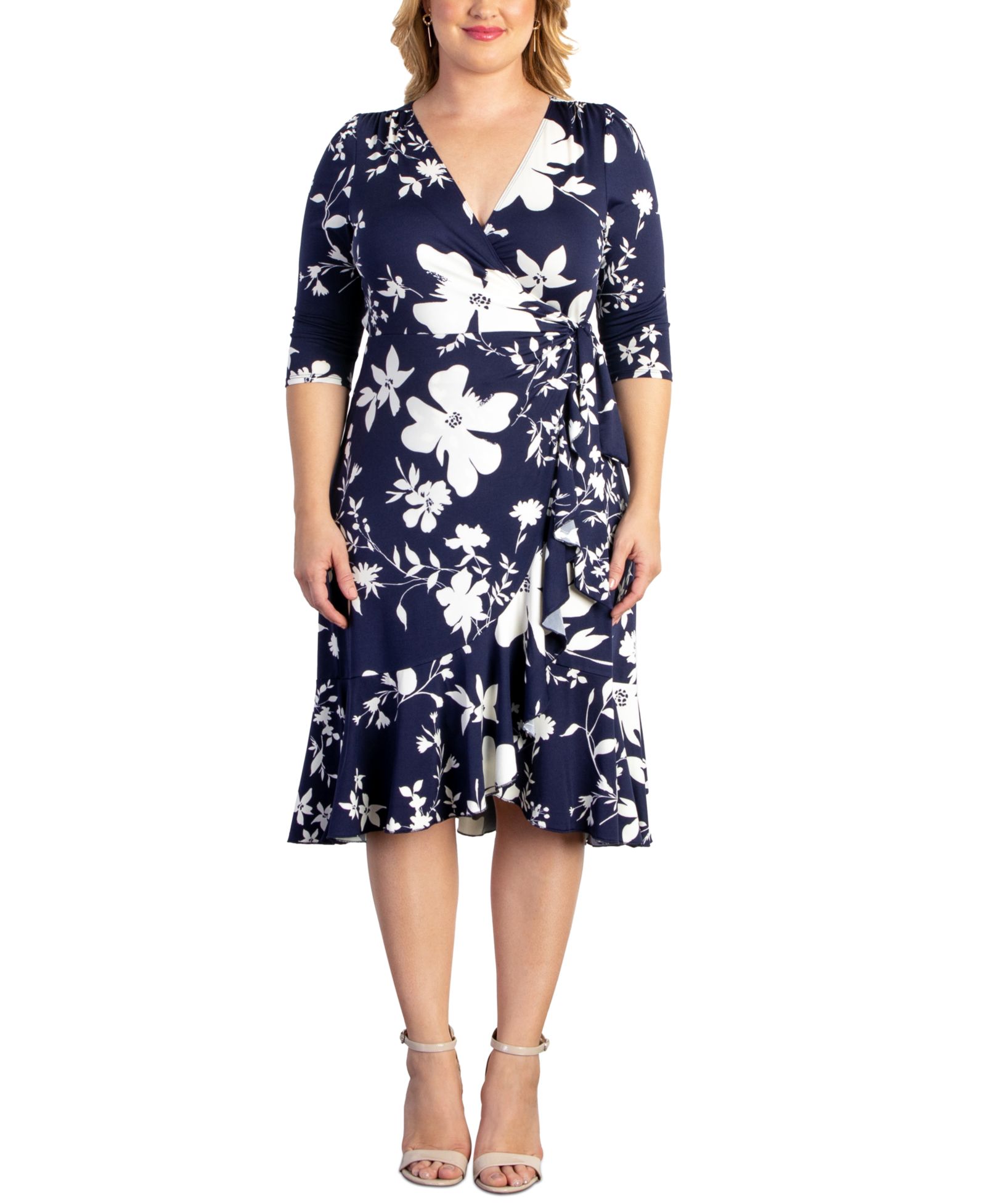 Kiyonna Plus Size Flirty Flounce миди-платье с запахом и рукавами 3/4