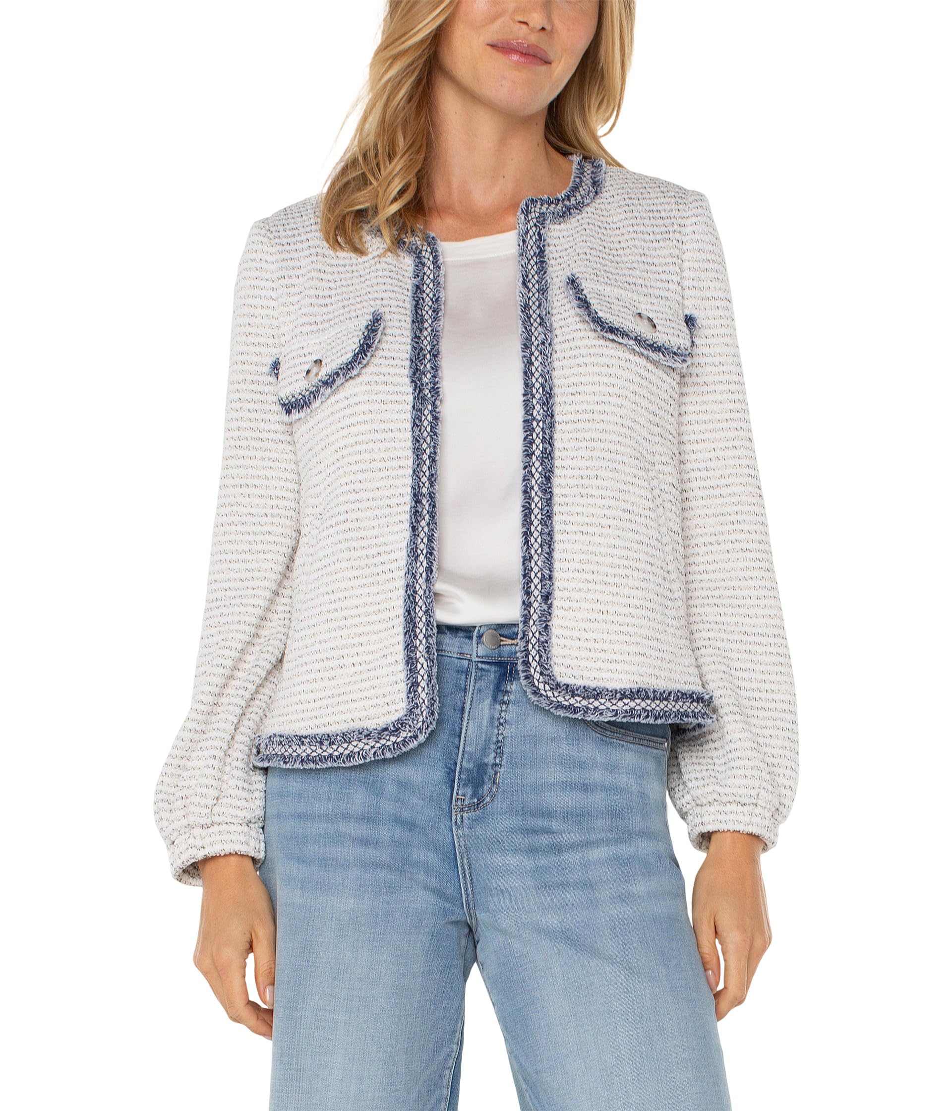 Collarless Jacket With Fray Detail