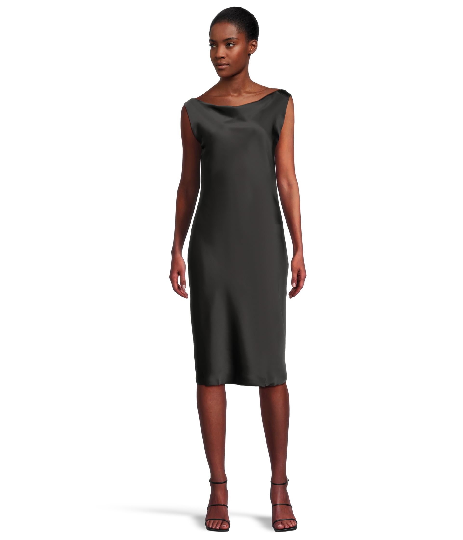 Sleeveless Low Back Drape Dress Below Knee