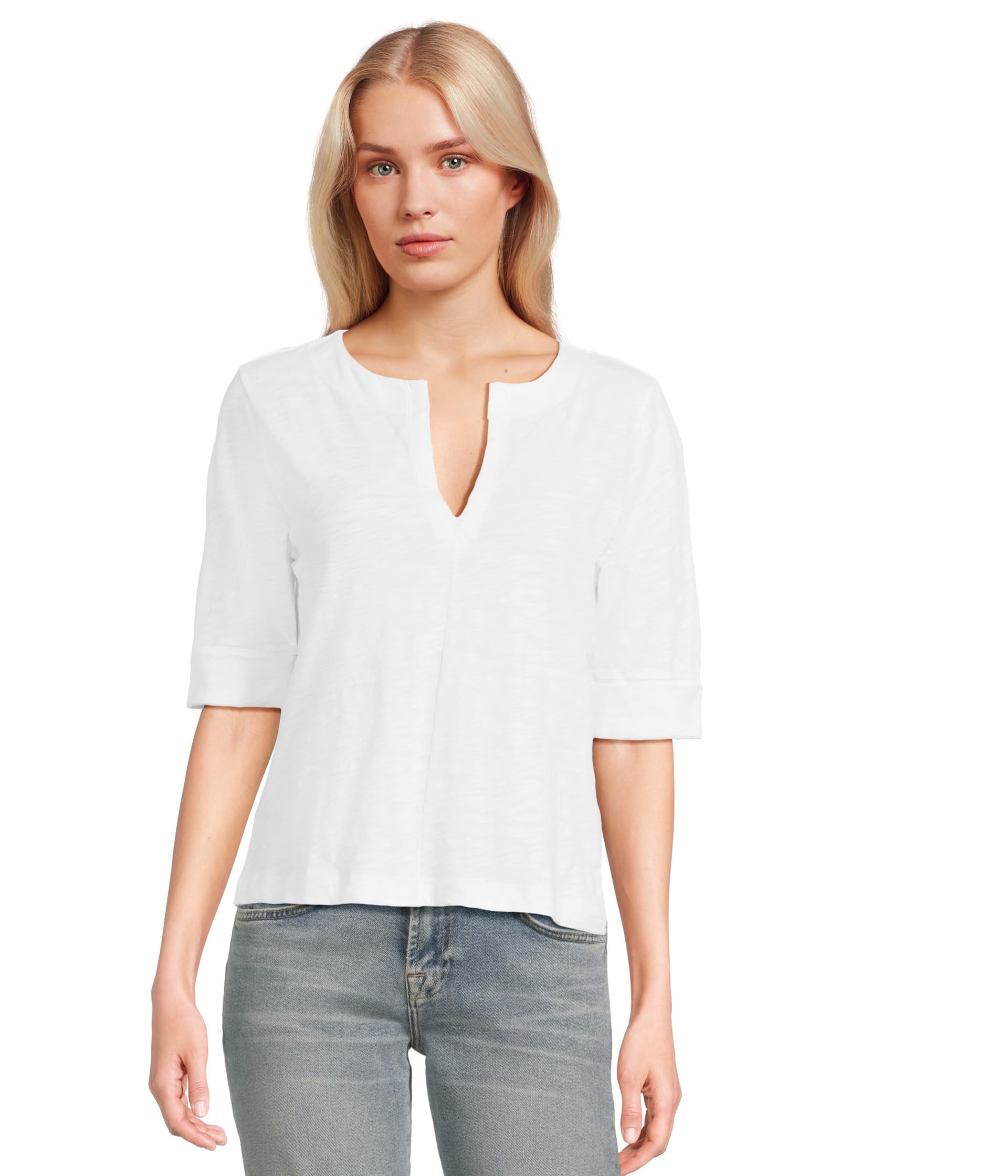 Cuffed Sleeve Split Neck