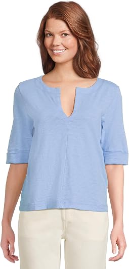 Cuffed Sleeve Split Neck