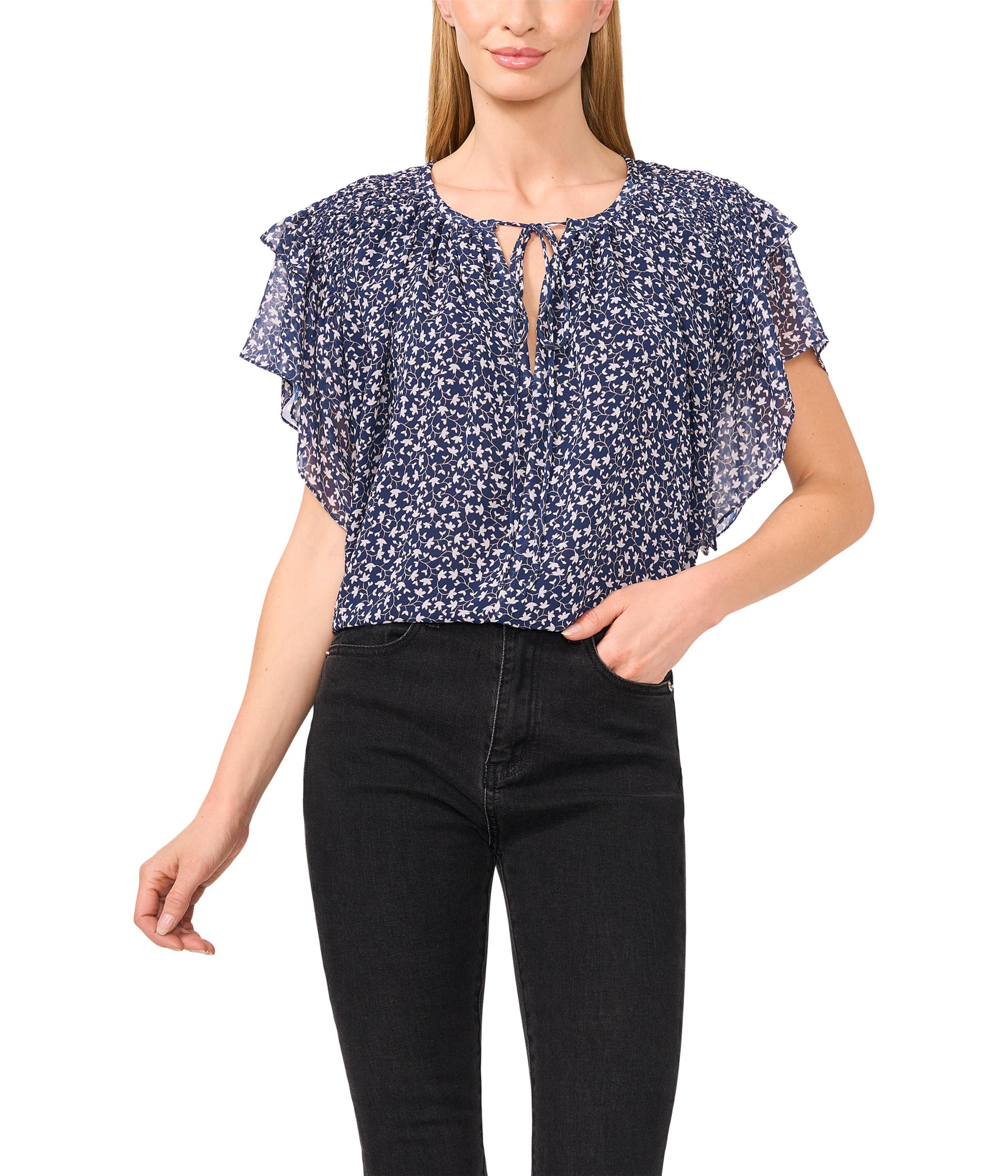 Printed Tie Neck Double Ruffled Sleeve Top