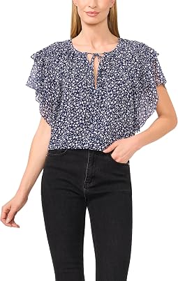 Printed Tie Neck Double Ruffled Sleeve Top