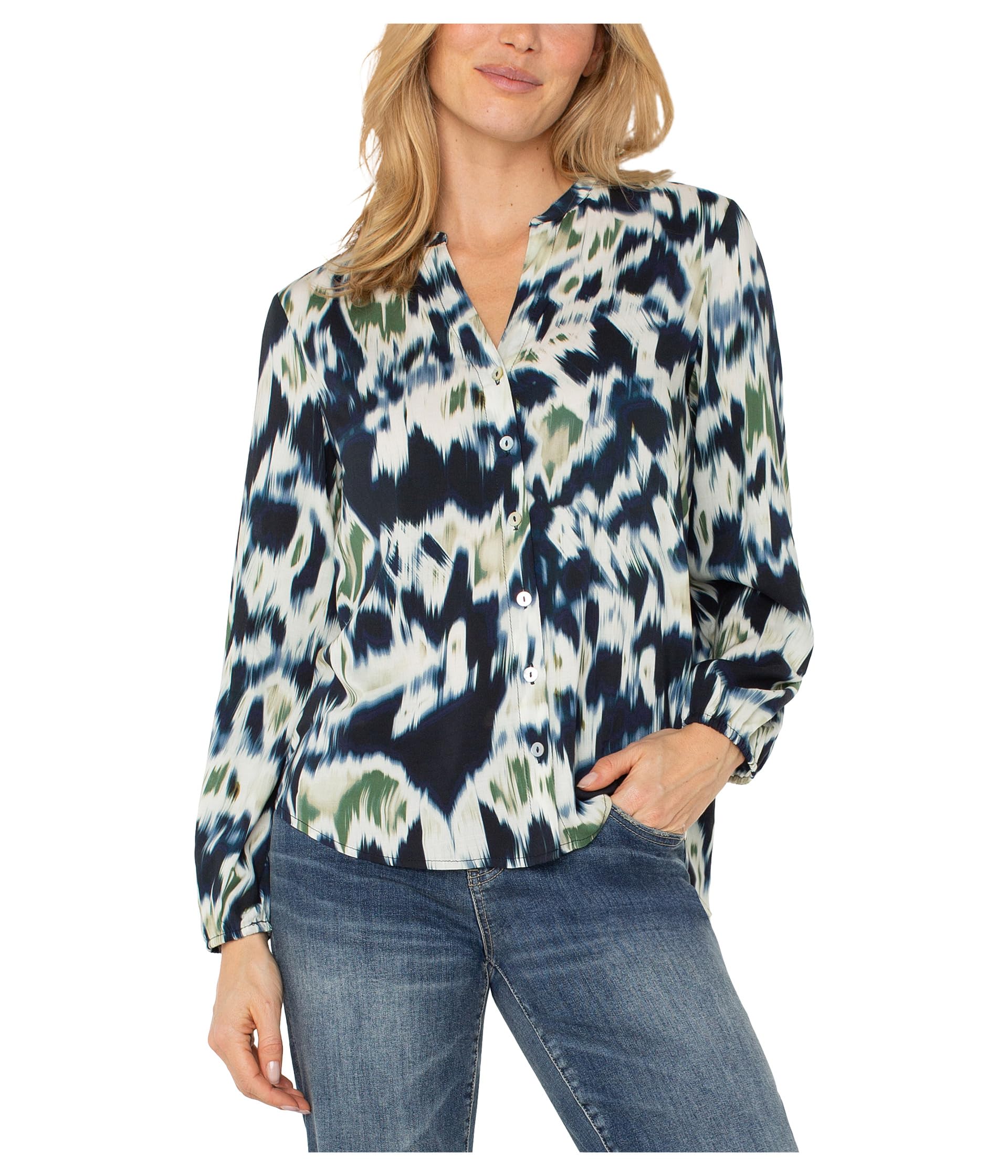 Long Sleeve Button Front Shirred Woven Blouse