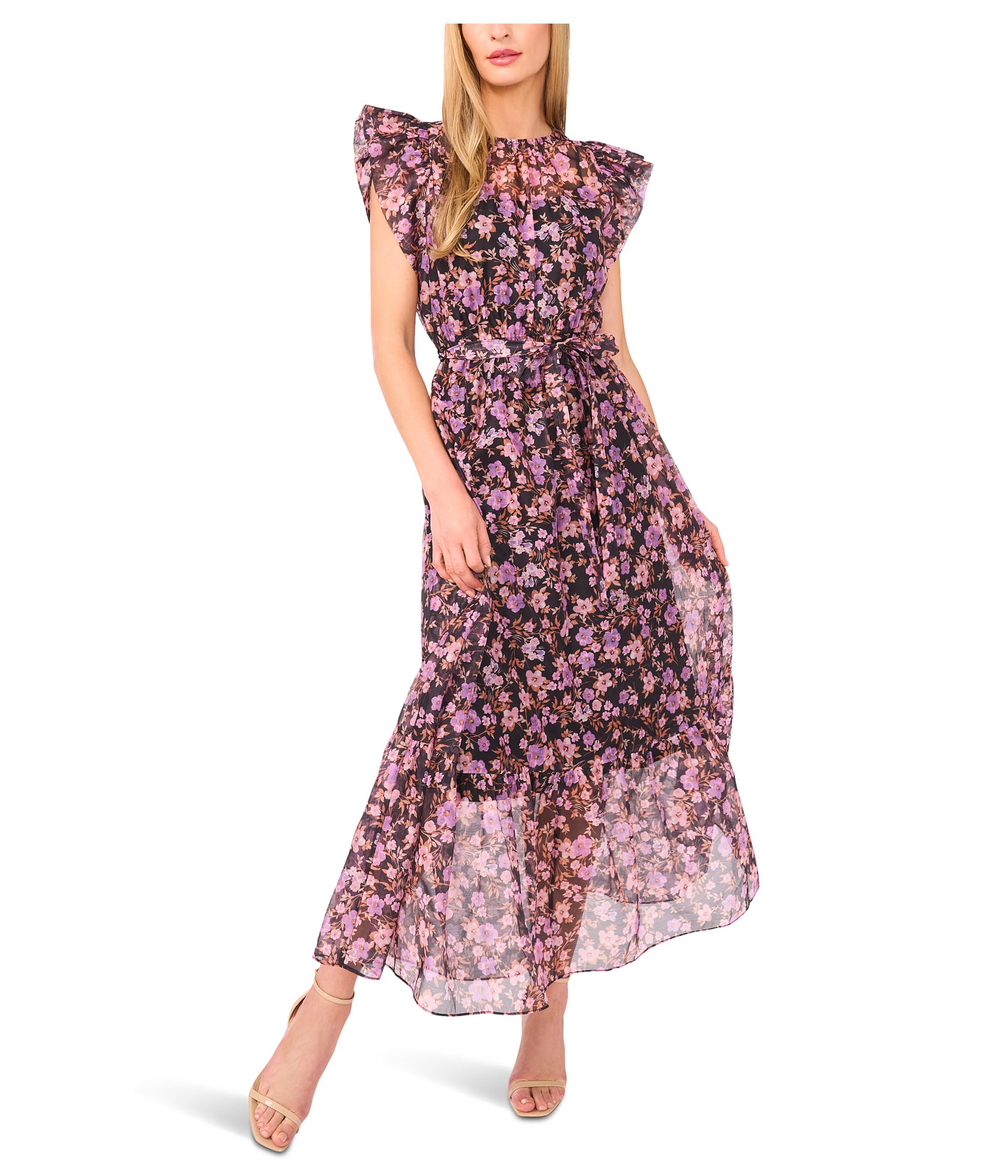 High Neck Flutter Sleeve Maxi Dress