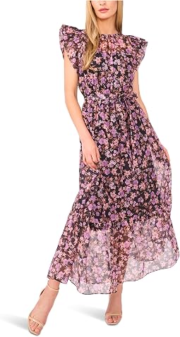 High Neck Flutter Sleeve Maxi Dress