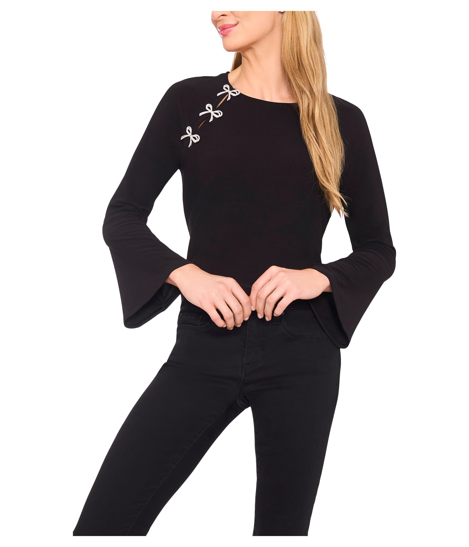 Pearl Bow Applique Long Sleeve Knit Top