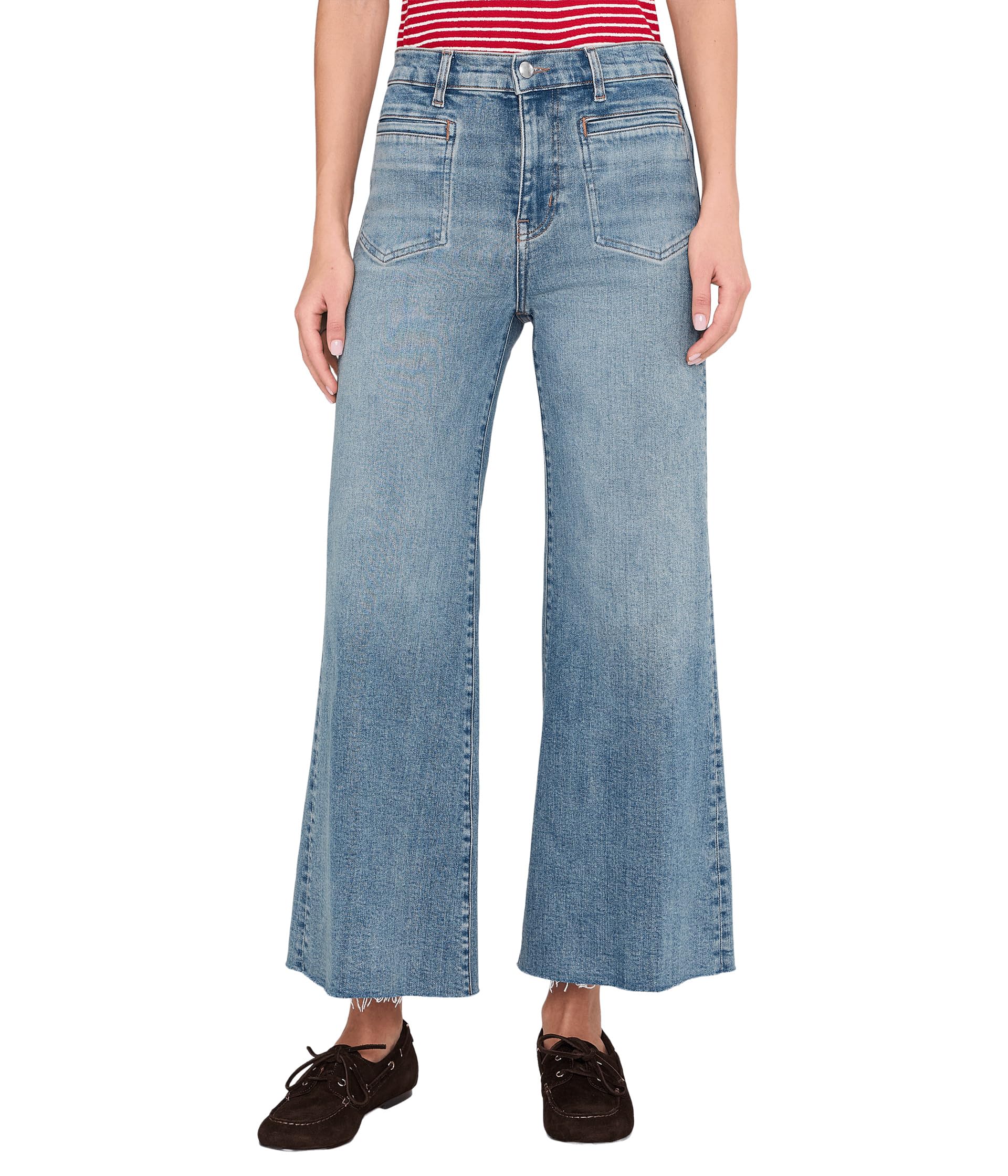 Patch Pocket Flared Wide Leg Jeans with Raw Hem in Shalimar Wash