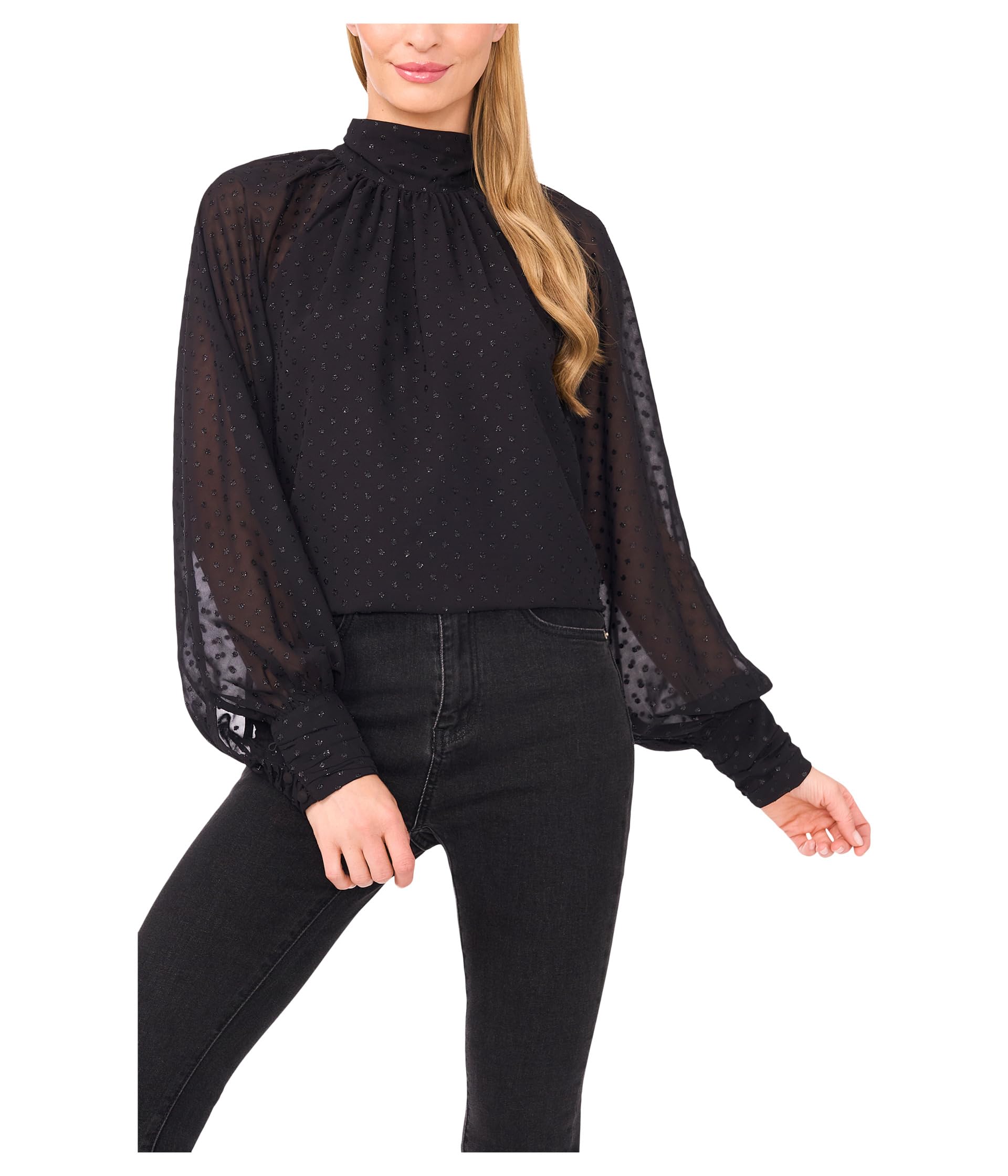 CeCe Long Sleeve Bow Neck Clip Dot блузка