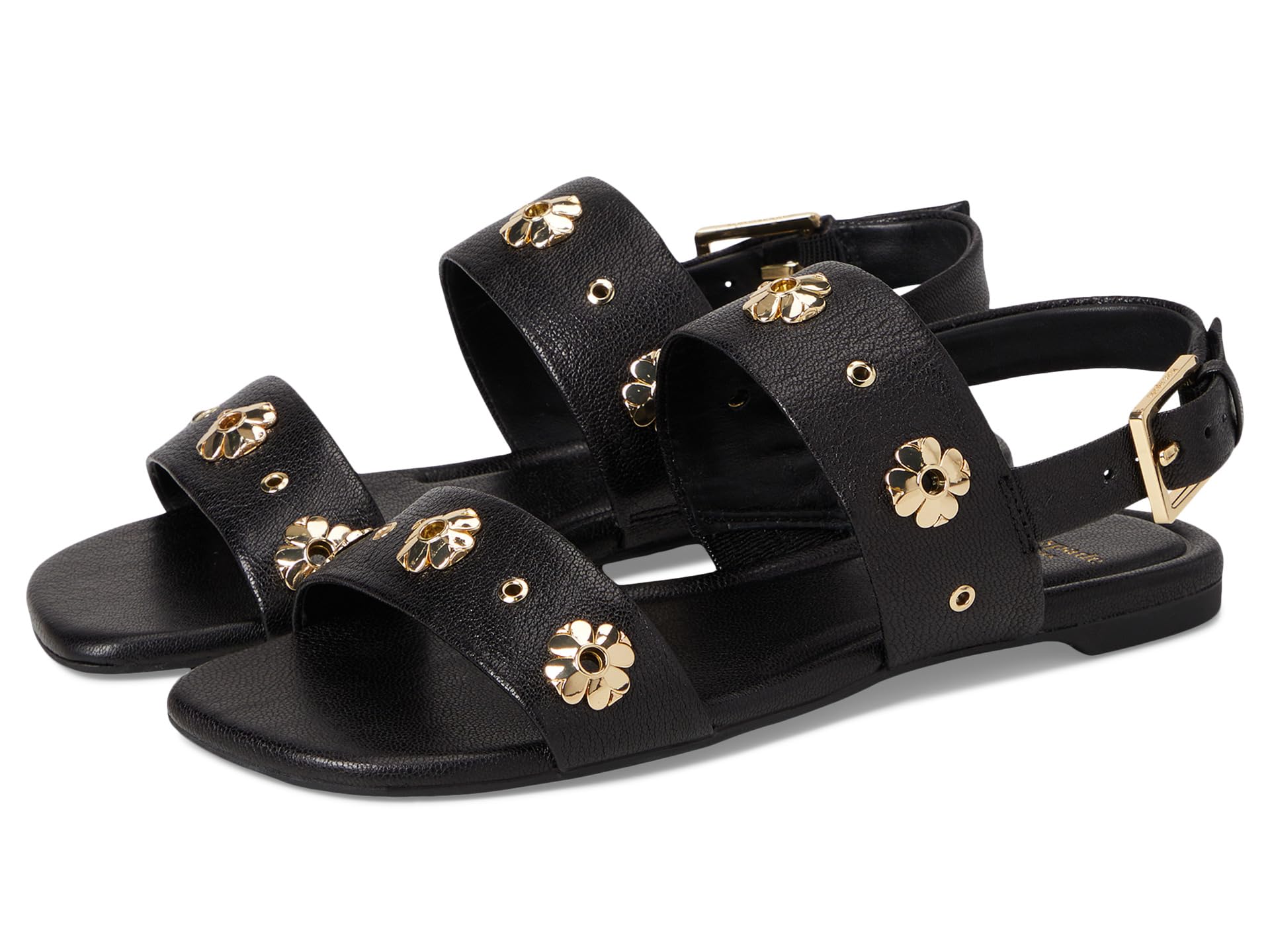 Spade Flower Stud Pebbled Leather Flat Sandals