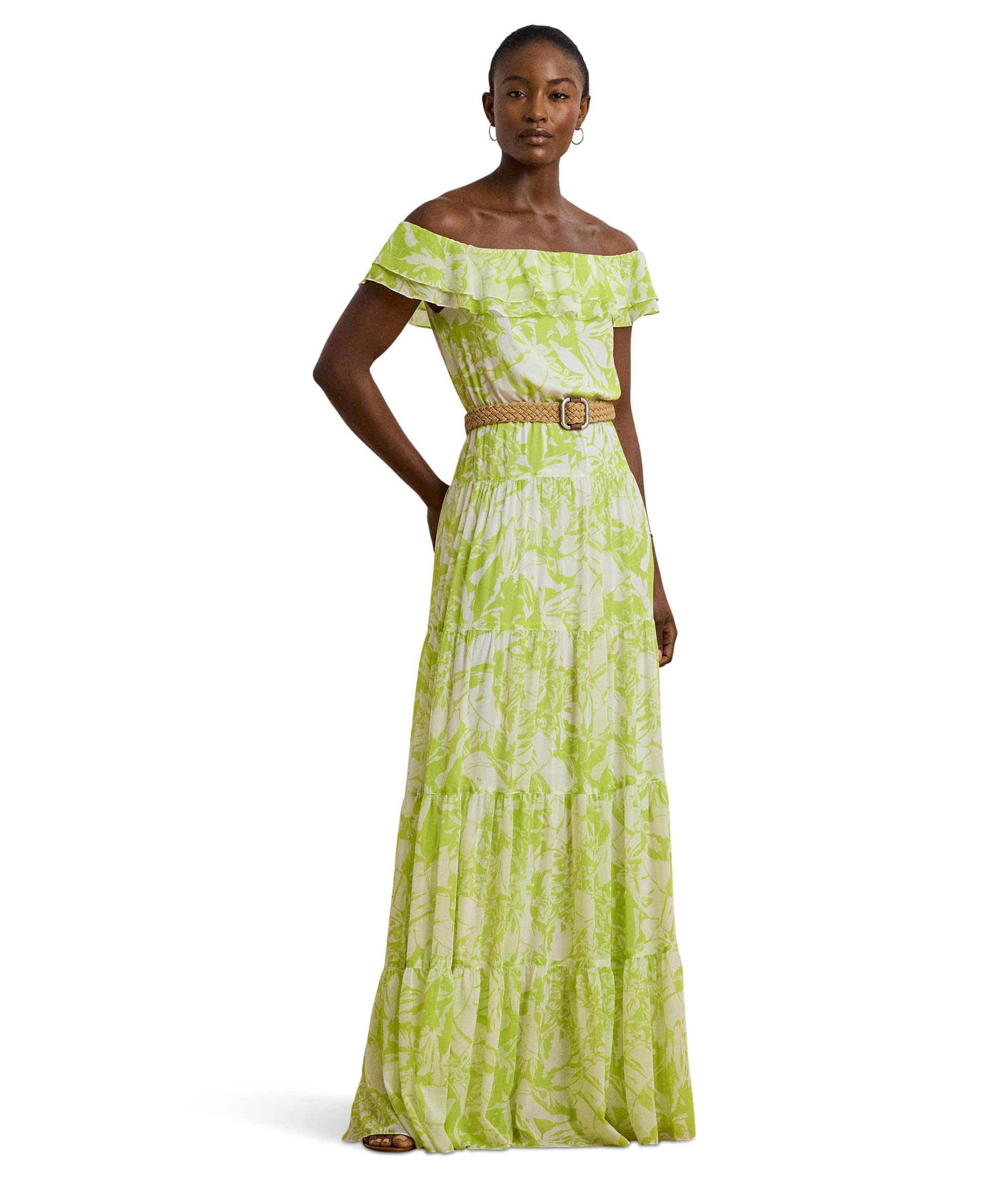 Floral Georgette Off-The-Shoulder Gown