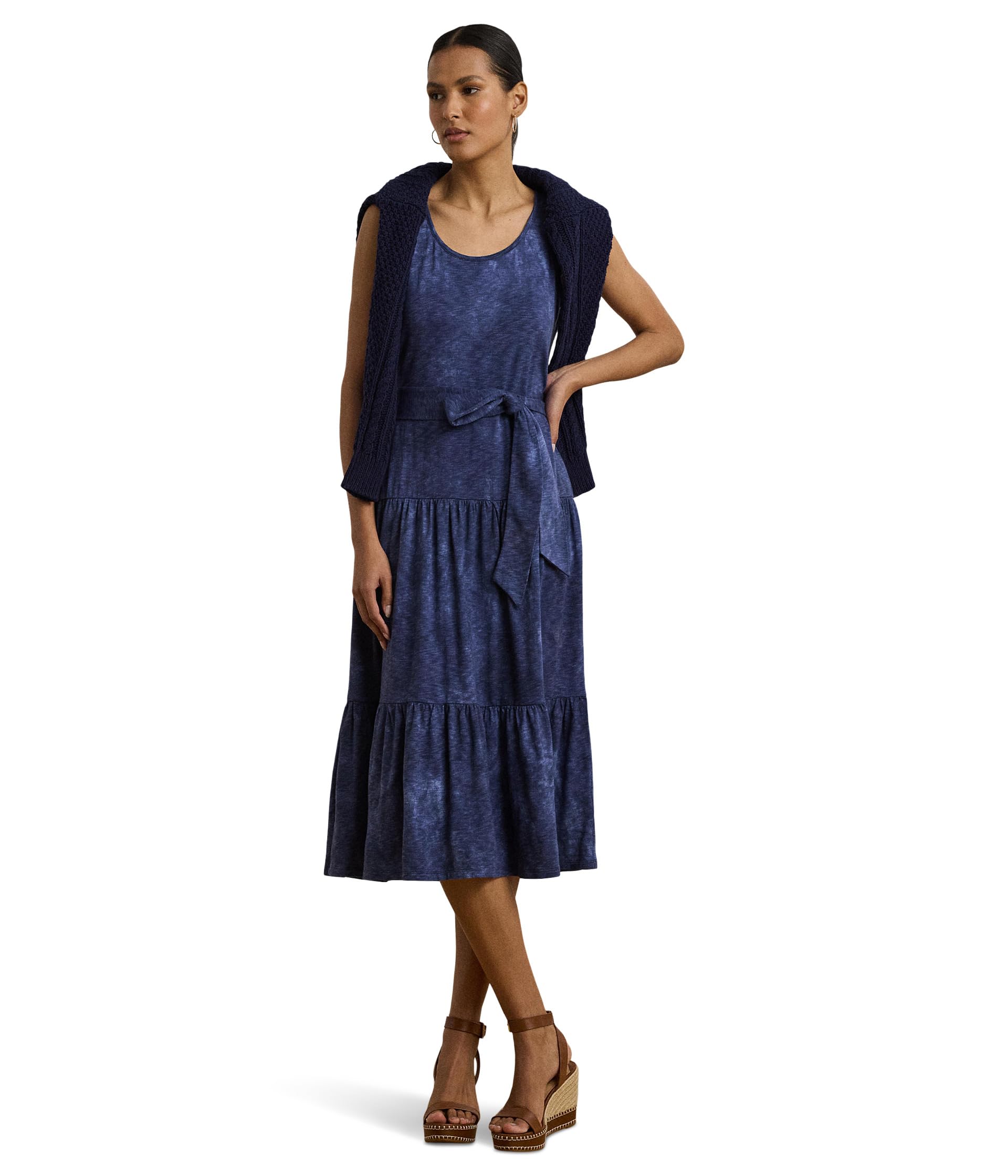 Print Belted Slub Jersey Tiered Dress