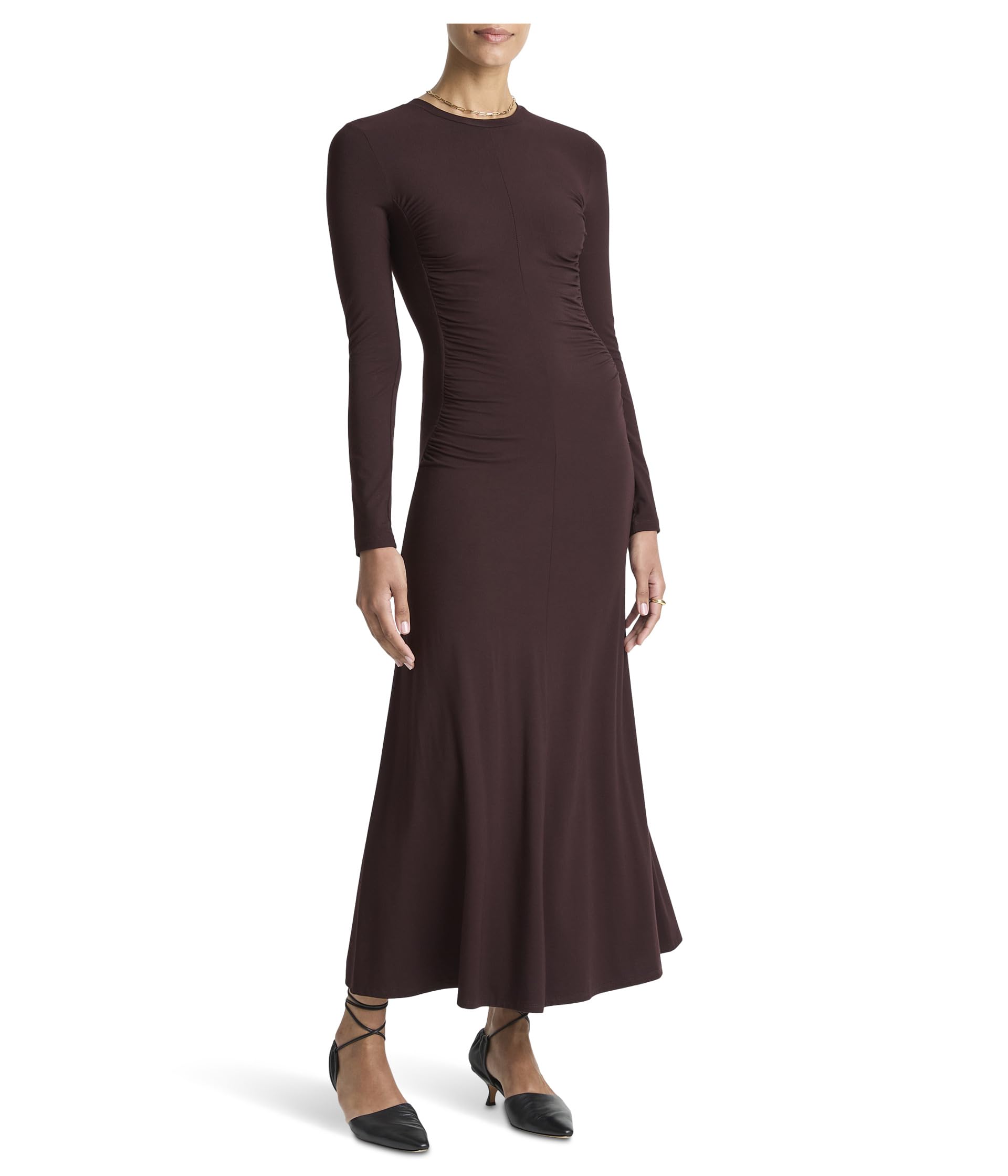 Long Sleeve Crew Curved Seam Rouched Dress