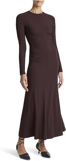 Long Sleeve Crew Curved Seam Rouched Dress