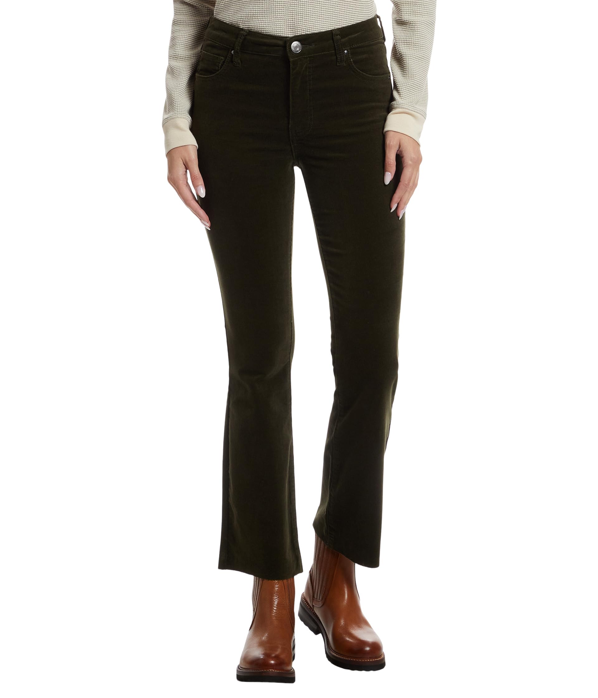 Kelsey Corduroy High-Rise Fab Ab Ankle Flare With Raw Hem in Olive