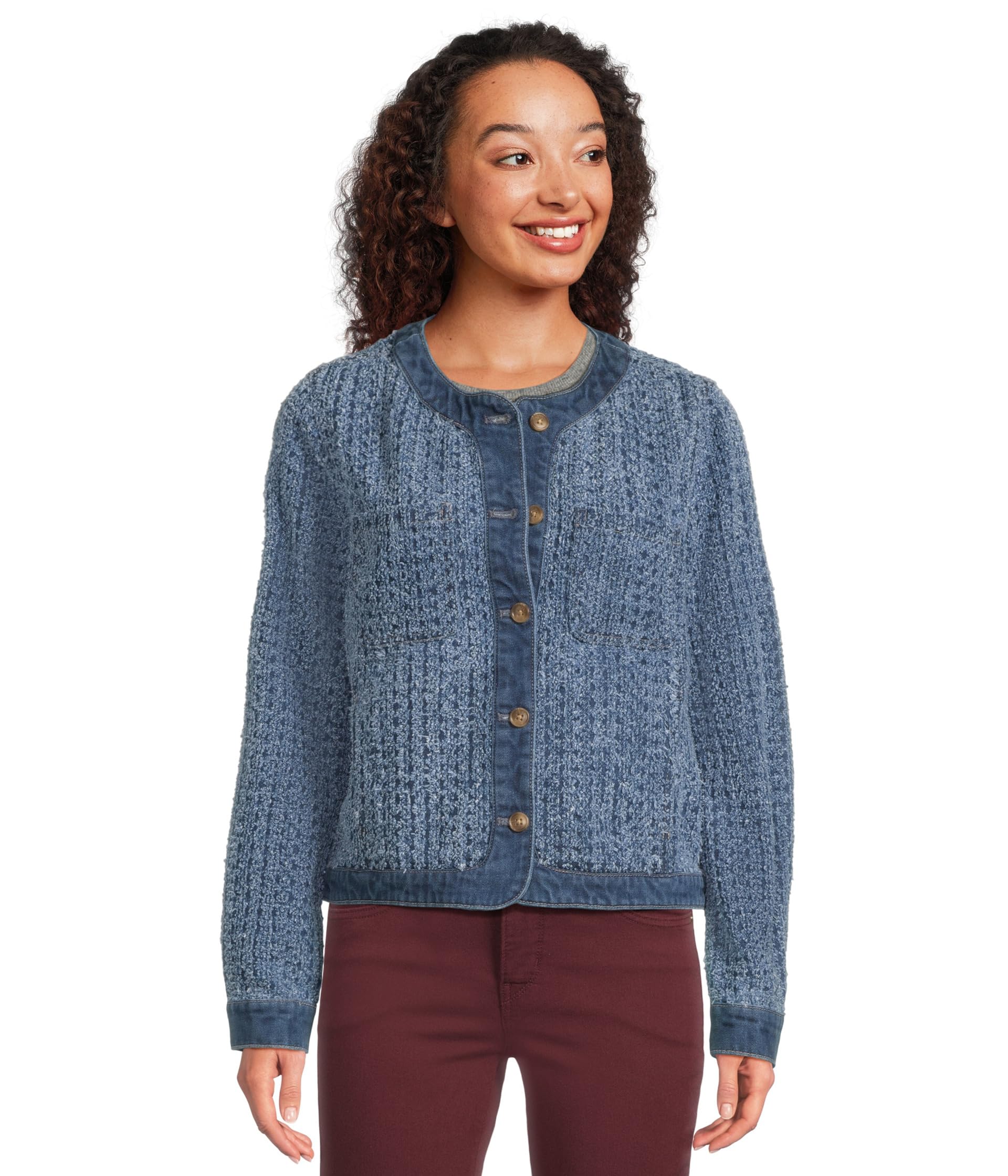 Perforated Tweed Crop Denim Jacket