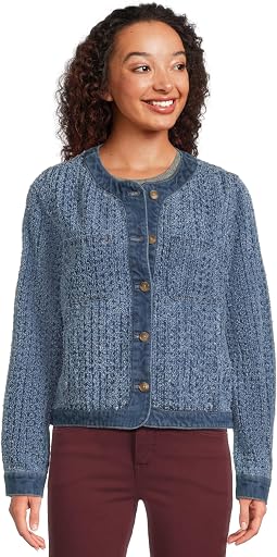 Perforated Tweed Crop Denim Jacket