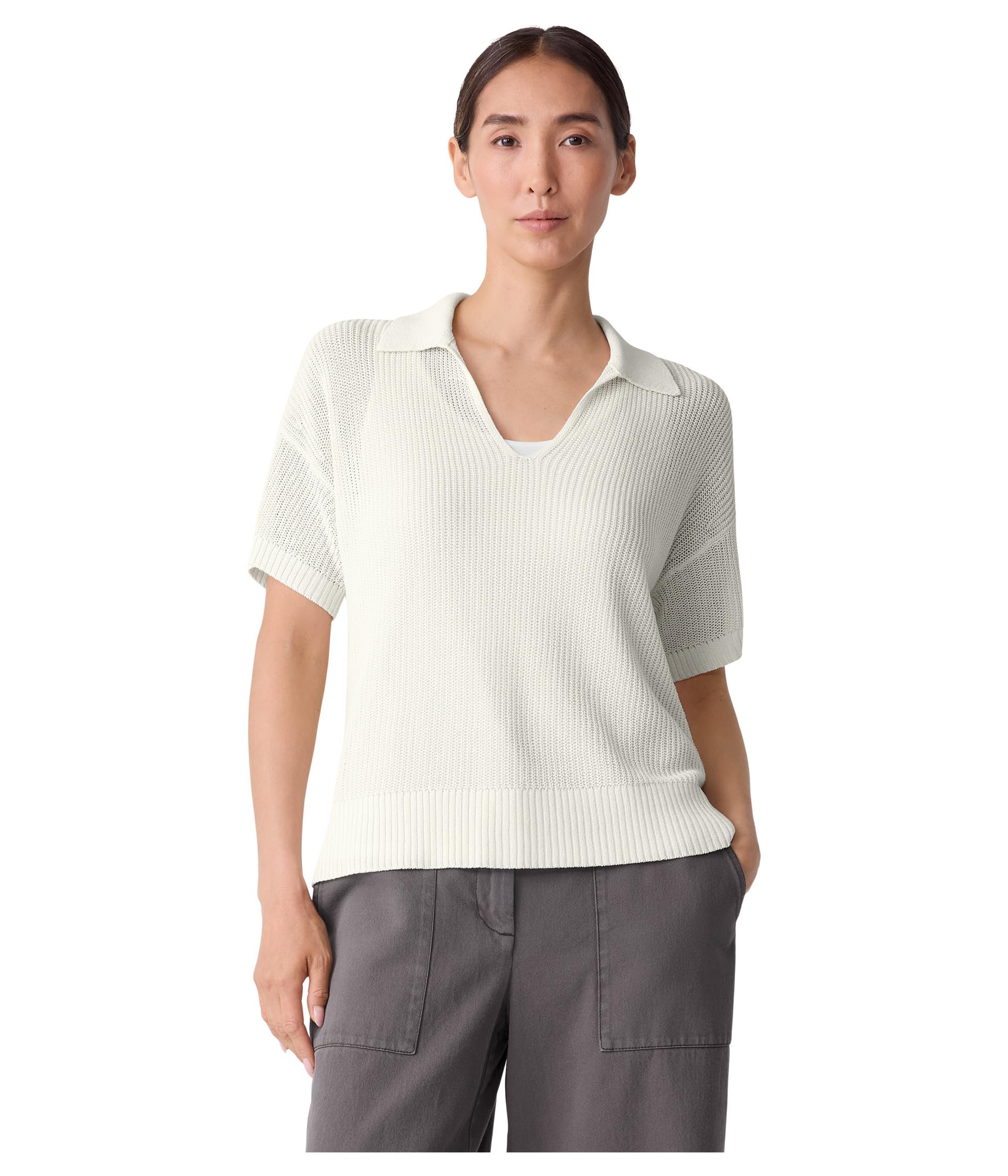 Cotton Silk Cord Short Sleeve Johnny Collar Sweater