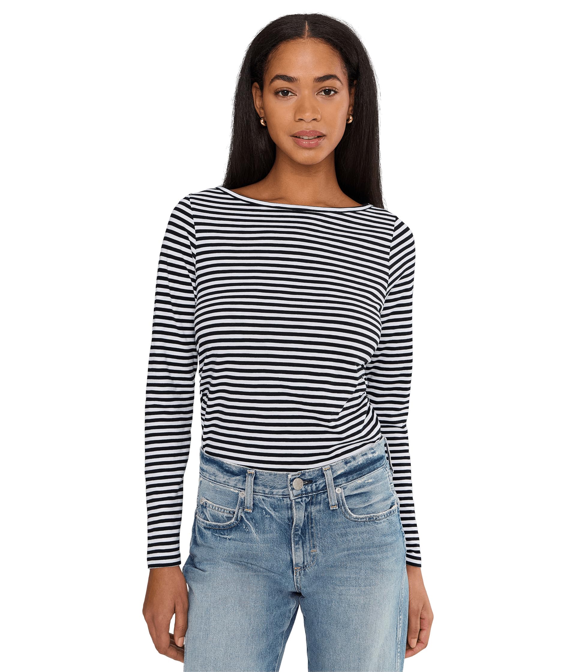 Side Ruched Slub Long Sleeve Stripe