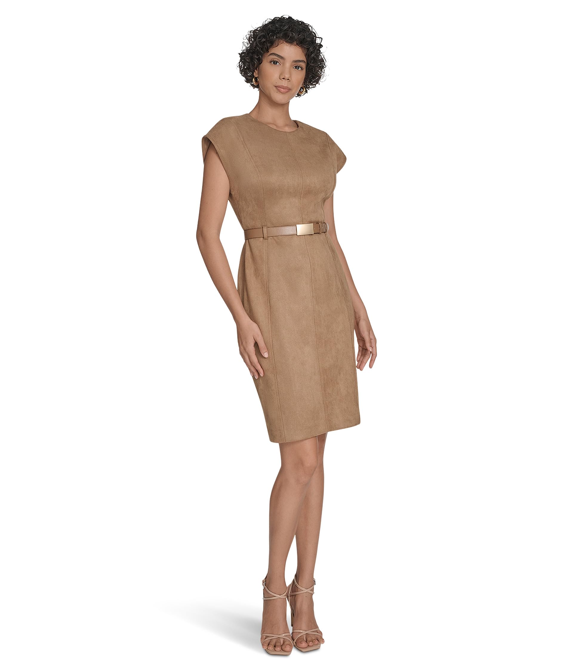Suede Belted Cap Sleeve Sheath