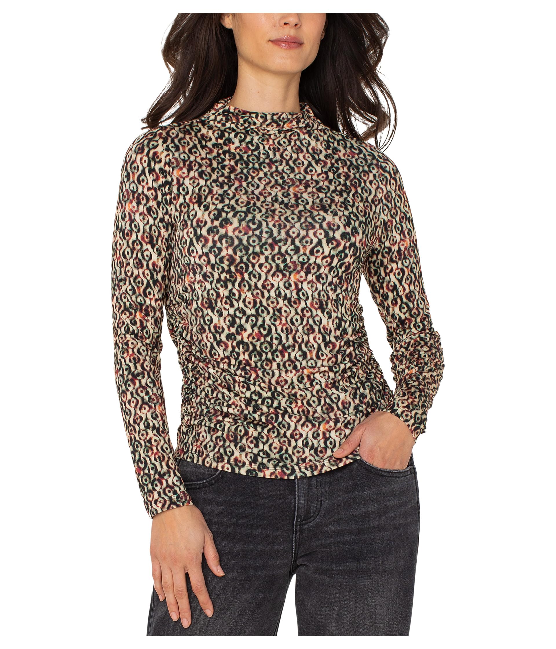Long Sleeve Pleasted Mock Neck Knit Top with Shirring