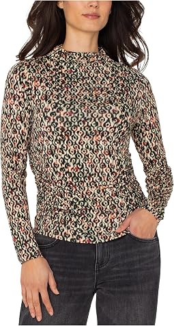 Long Sleeve Pleasted Mock Neck Knit Top with Shirring
